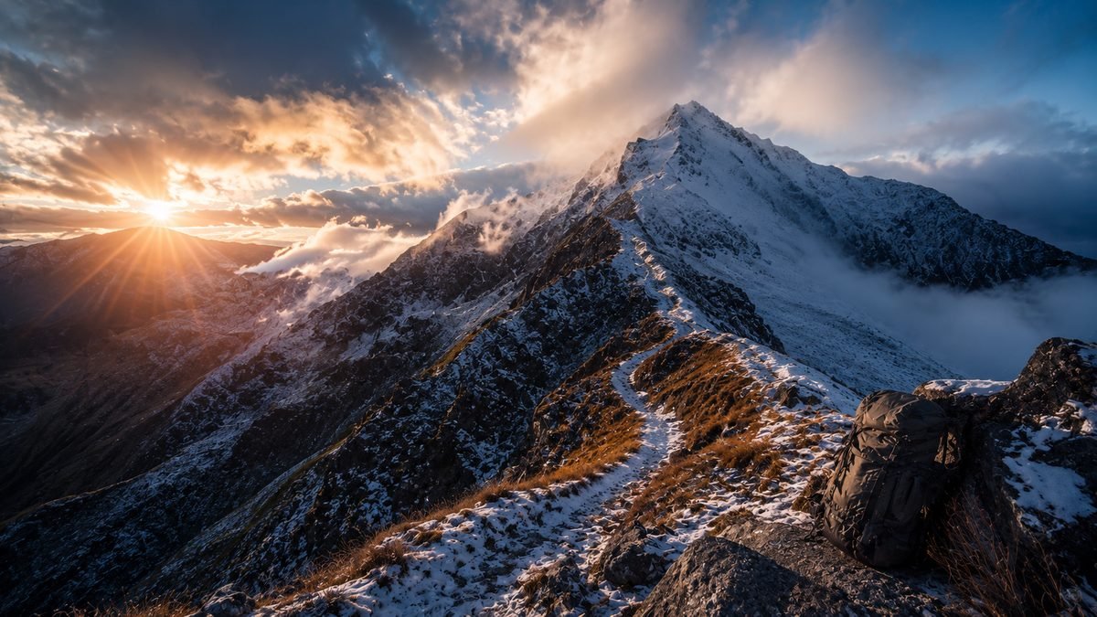 A snow-capped mountain ridge trail at sunrise with a hiking backpack