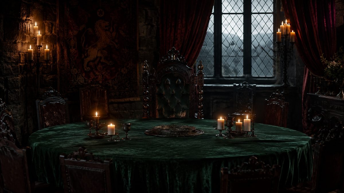 A candlelit castle round table set for a game of trust and betrayal
