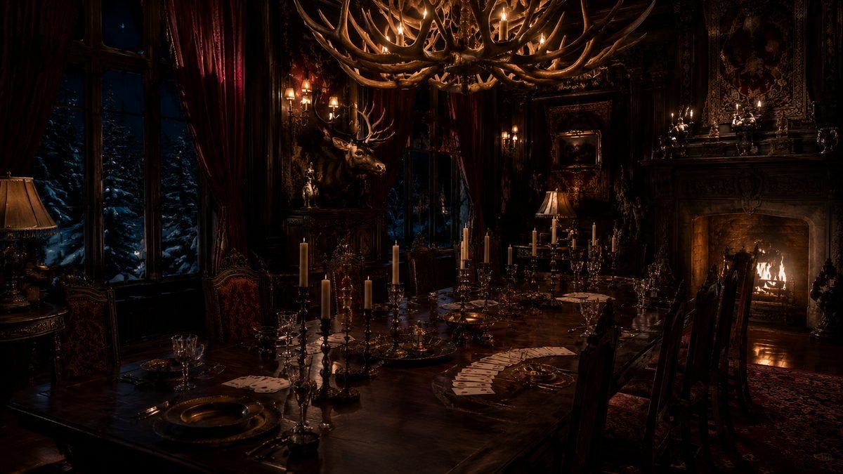 A grand candlelit castle dining hall with playing cards laid out on the table