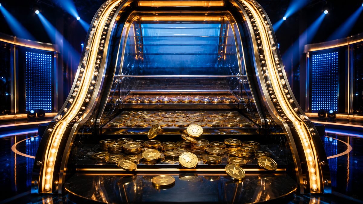 A giant illuminated coin-pusher machine filled with gold star coins on a games-show stage