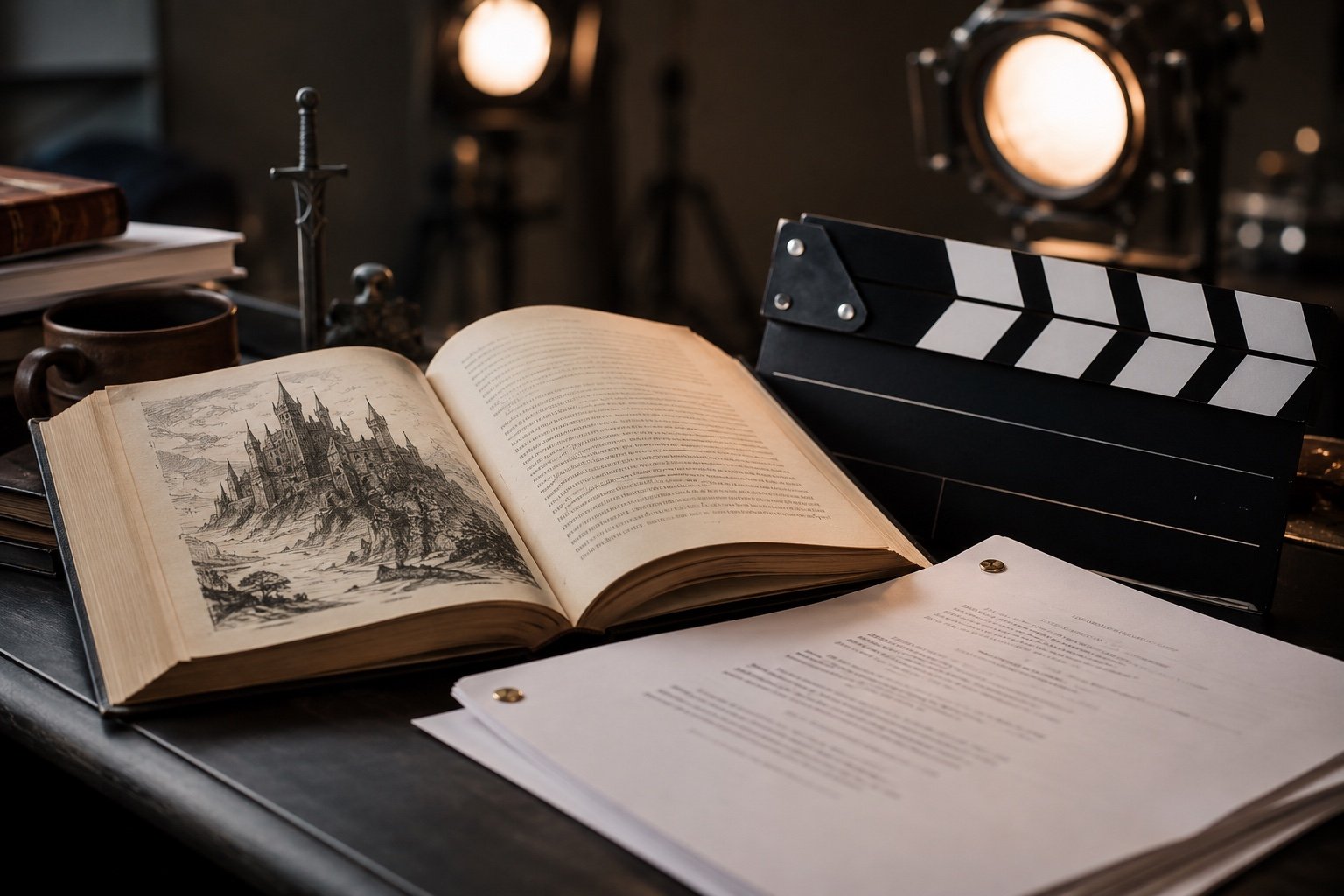 A fantasy novel beside film production imagery, representing the Children of Blood and Bone adaptation dispute