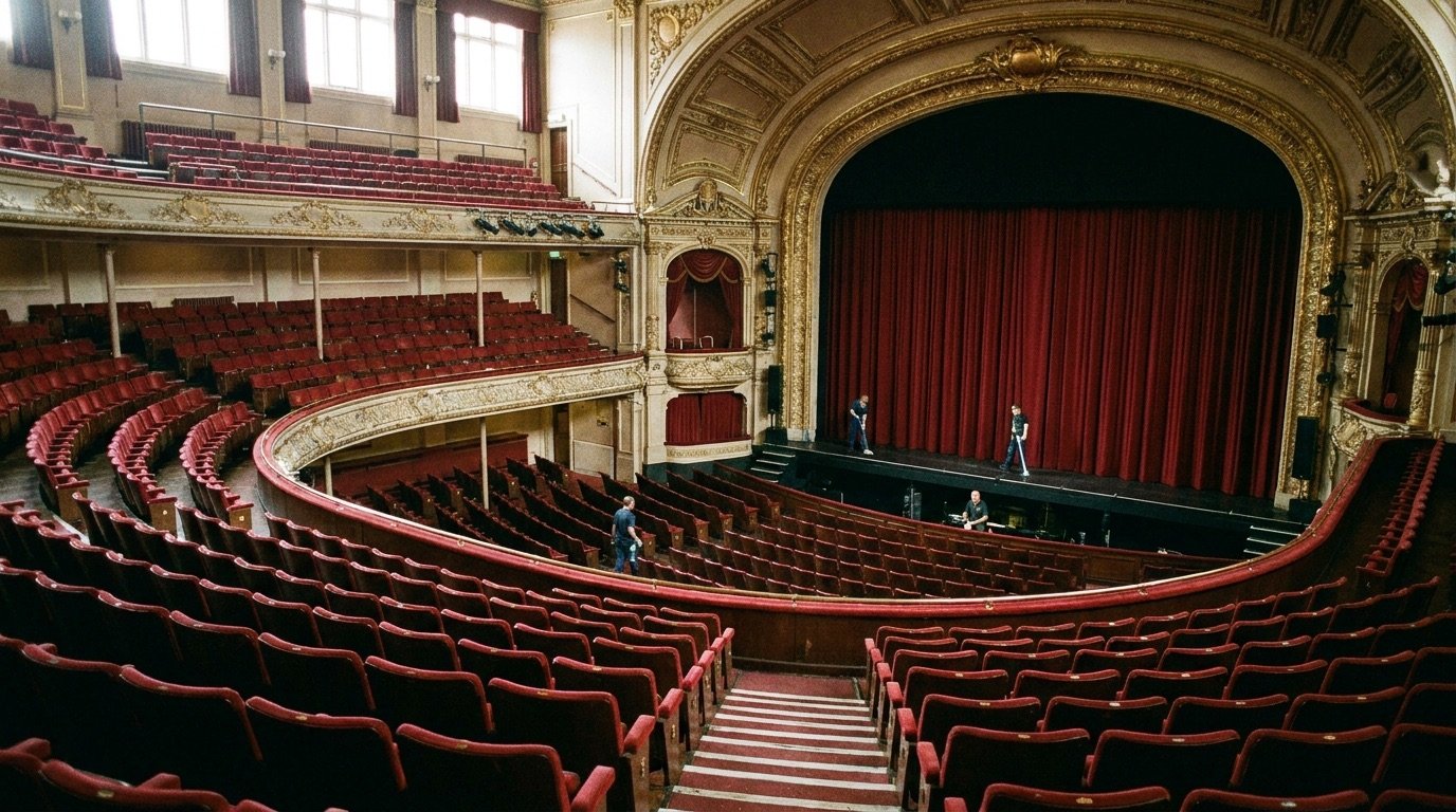 A grand theatre auditorium with red seats and an ornate proscenium stage