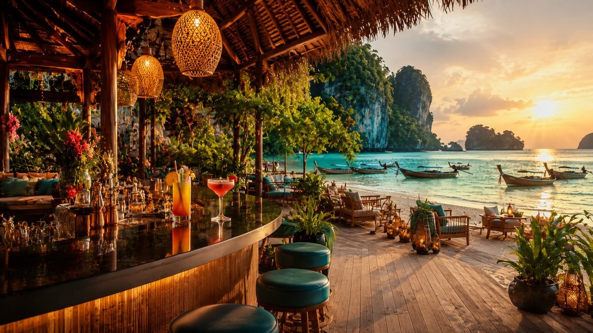 A tropical beach bar with longtail boats and limestone cliffs at sunset