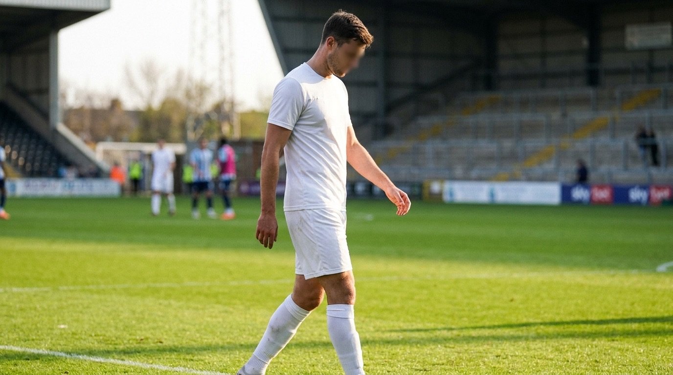 A defender in a generic white training kit walking onto a sunlit pitch ahead of a match