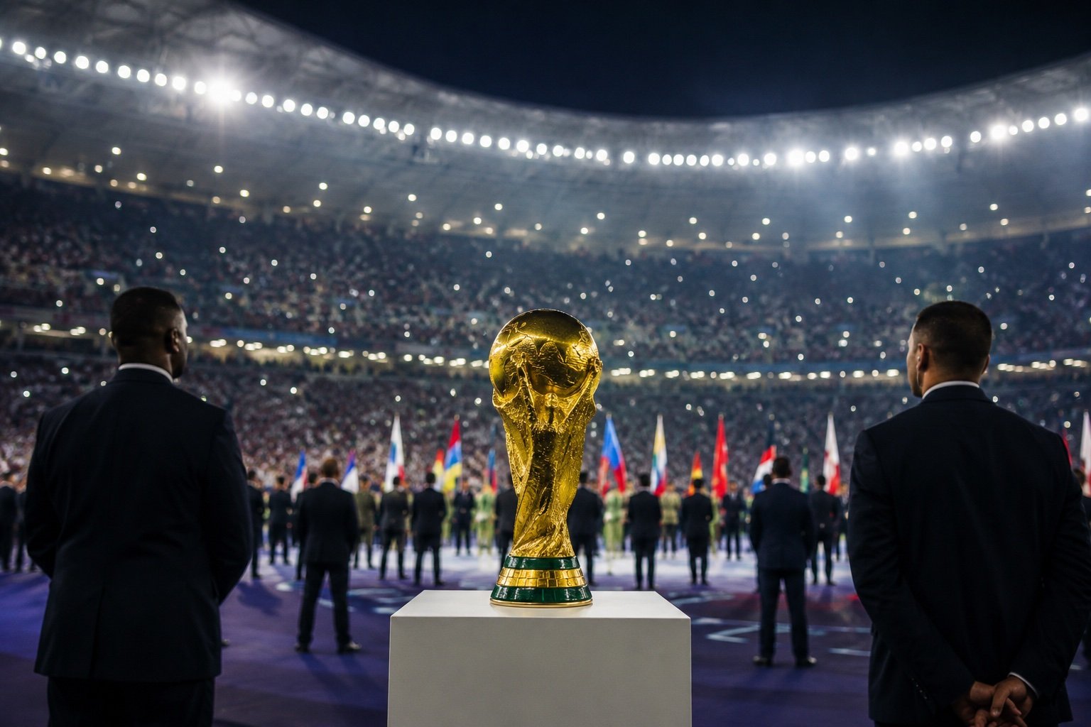 A gleaming gold football trophy on a plinth under stadium lights with empty seating behind