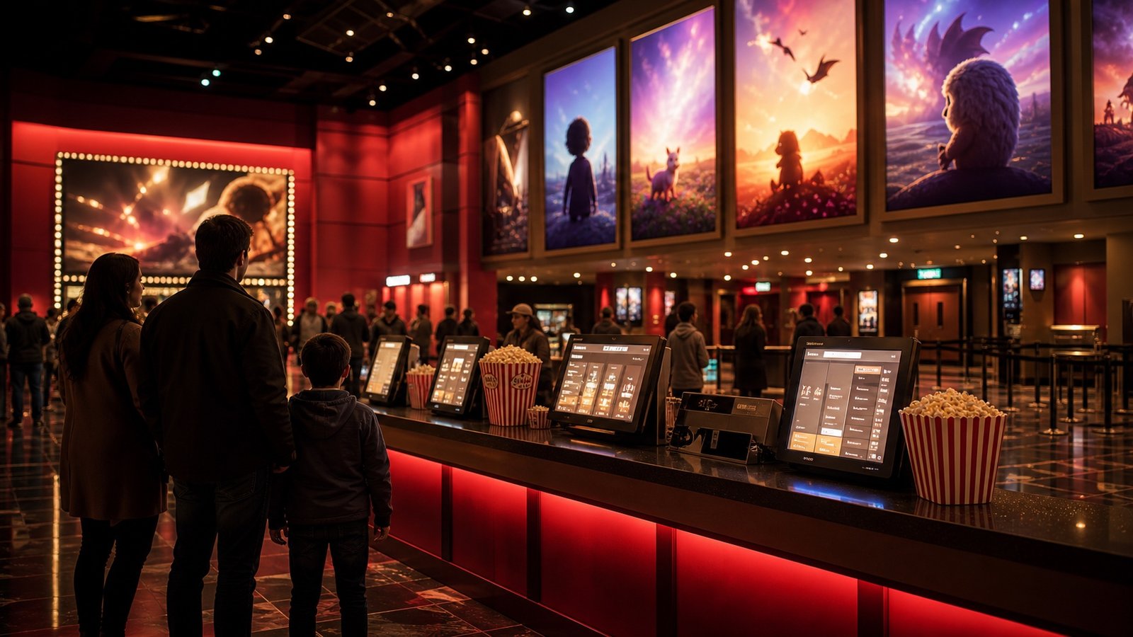 A cinema lobby with glowing ticket kiosks, popcorn and abstract film posters