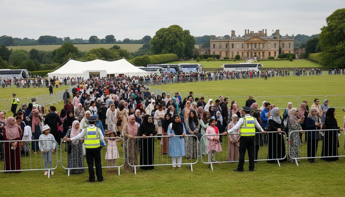 A large crowd of Muslim families behind crowd-control barriers with police at a country estate