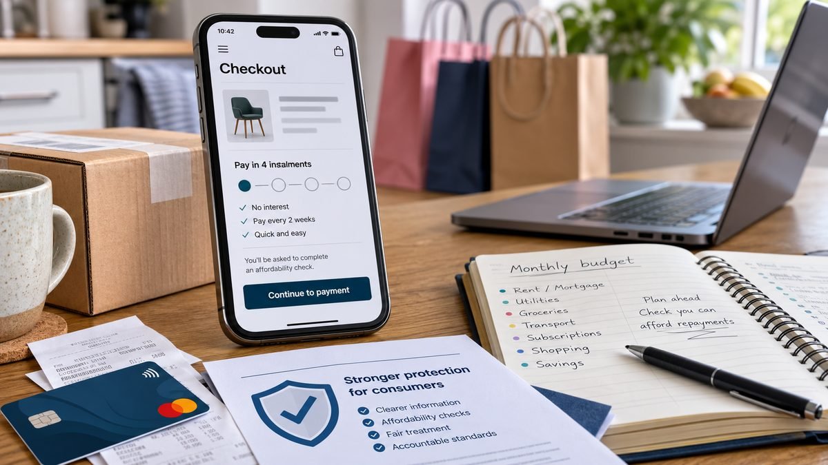 A phone showing a buy-now-pay-later checkout beside shopping bags, a credit card and a household budget notebook