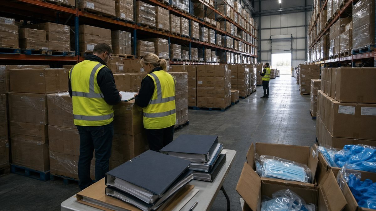 Workers in hi-vis check records in a warehouse stacked with boxes, with cartons of blue PPE masks in the foreground