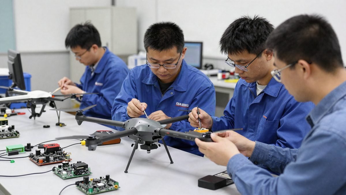 Engineers assembling a drone prototype in a defence technology lab