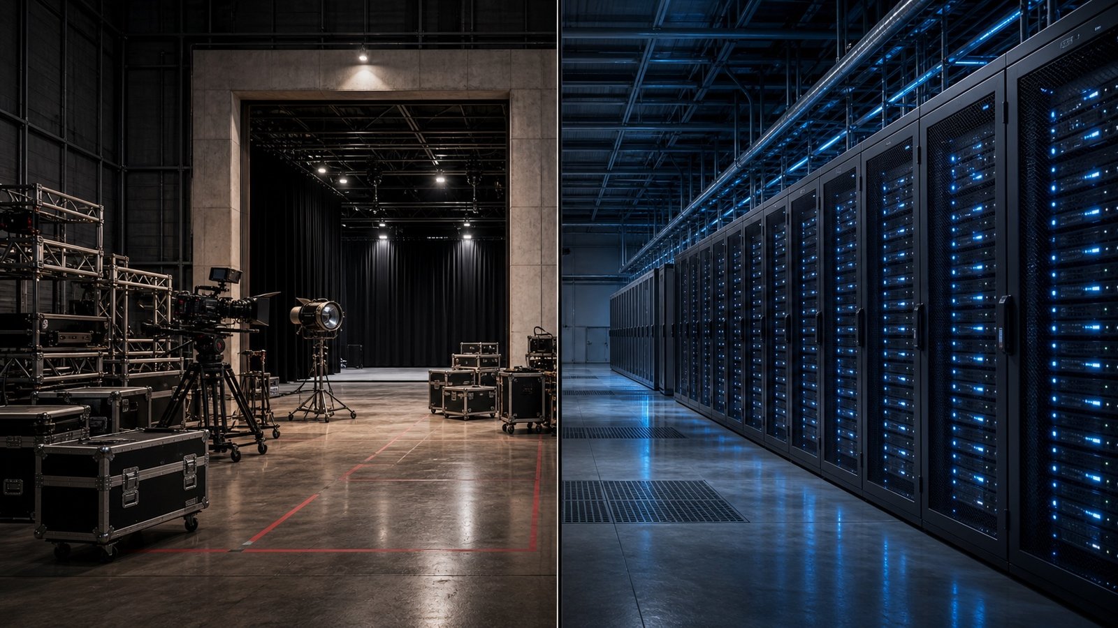 An empty production soundstage contrasted with glowing data centre server racks