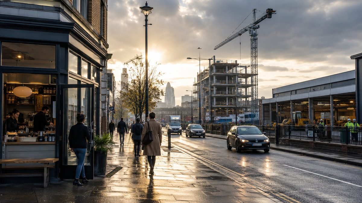 A rain-soaked British high street with a construction crane and the City of London skyline in the distance at dusk
