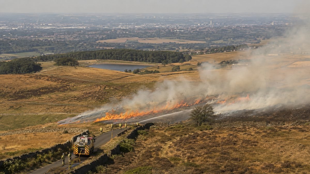 Firefighters tackle a moorland wildfire on a parched hillside above a hazy British city