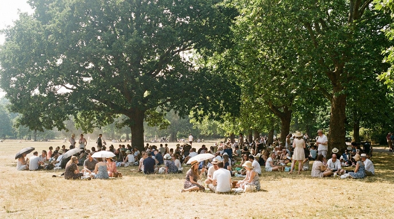 People sheltering from the sun under trees in a London park during a heatwave