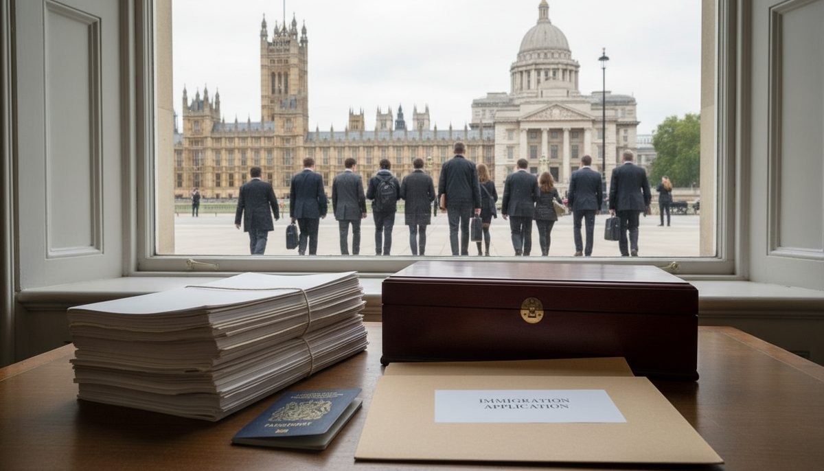The Houses of Parliament seen beyond a desk holding an immigration application folder and passport