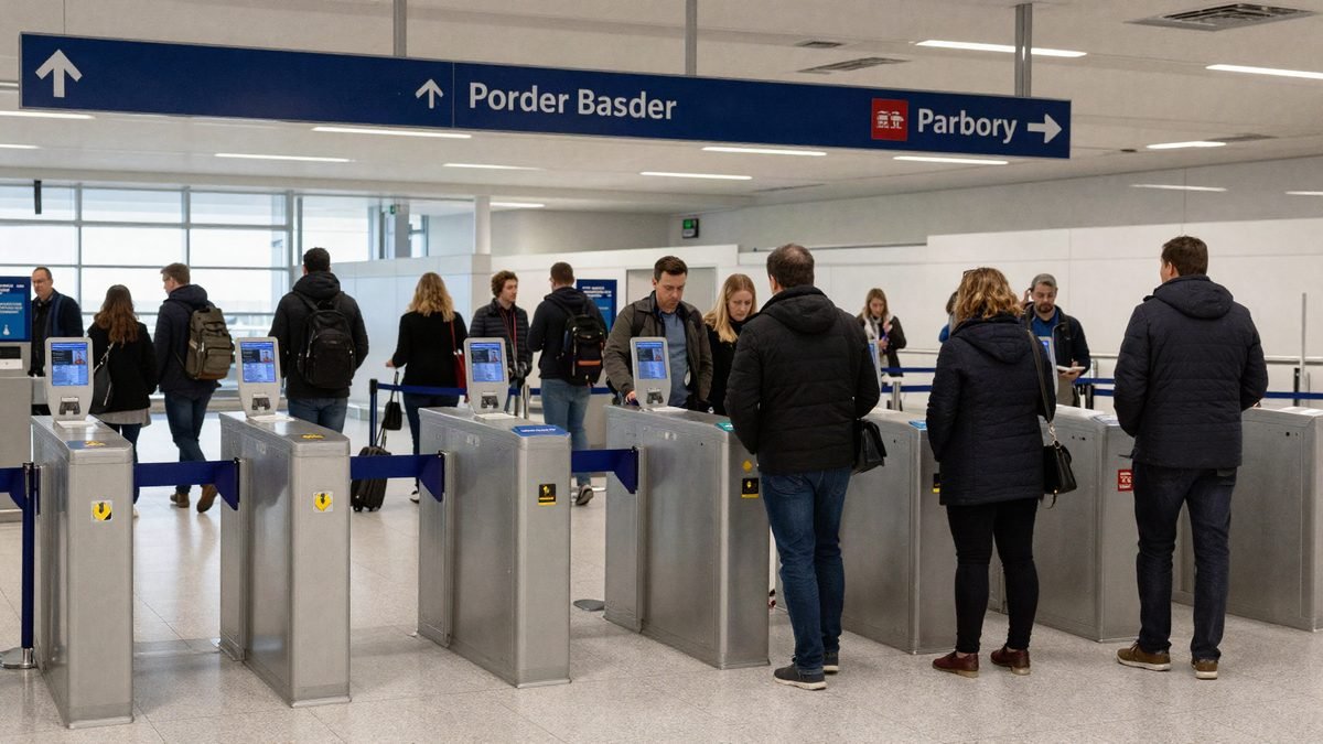 A UK Border passport-control hall with e-gates at an airport