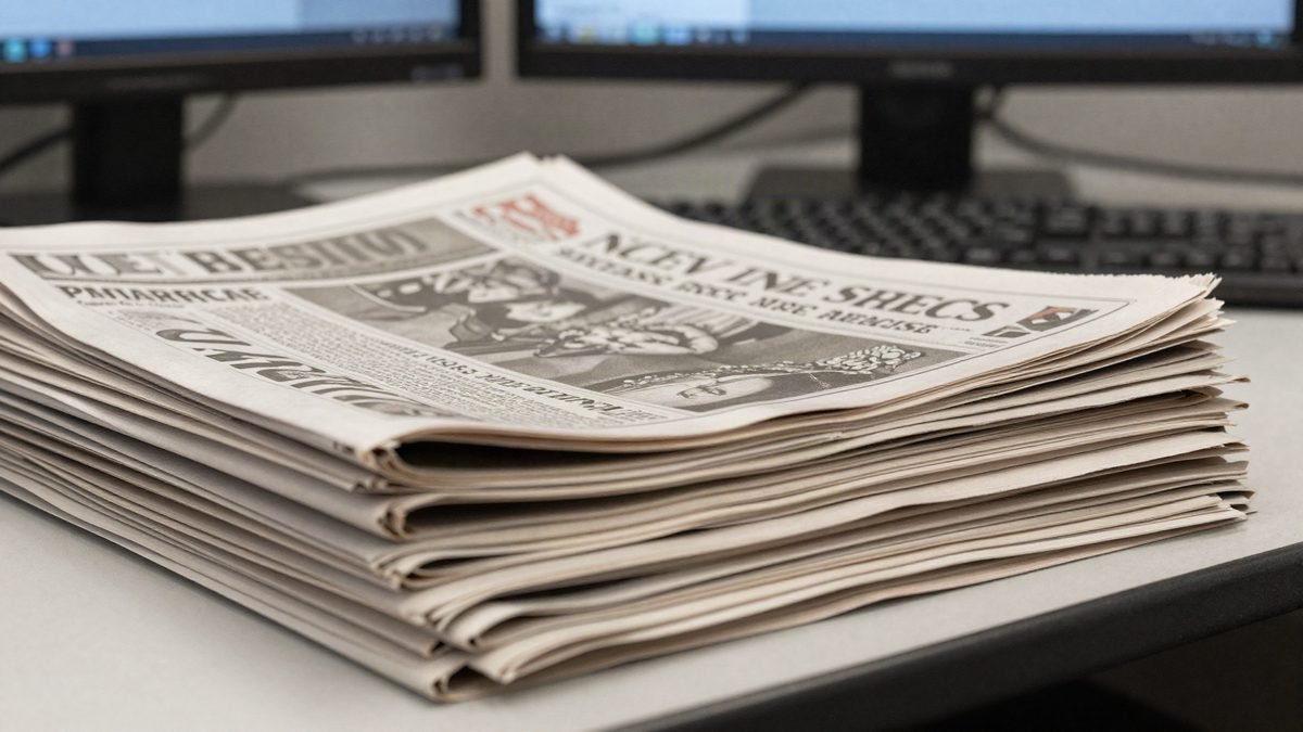 A stack of local British newspapers on a desk in a small newsroom