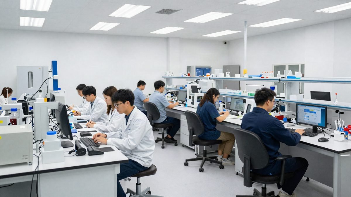 Researchers working in a modern science and technology laboratory