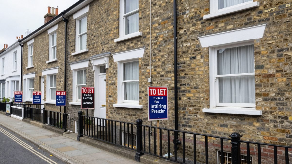 A row of British terraced houses with several To Let and letting agent boards outside
