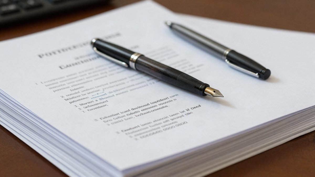 A stack of official legal documents with a pen on a desk