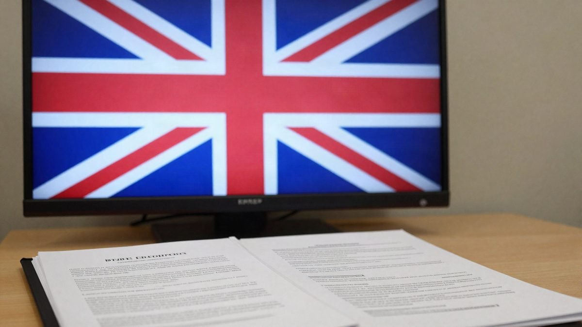 A TV showing a Union Jack colour motif beside official documents