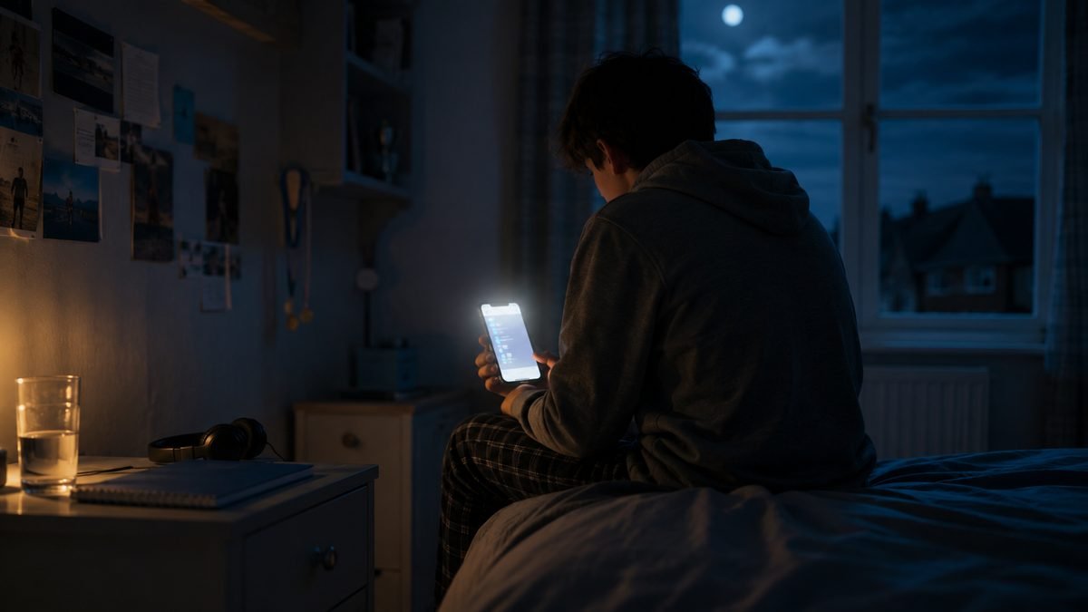 A teenager sits on a bed at night lit only by a smartphone screen with a moonlit window behind