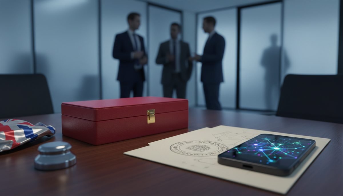 A red ministerial box and Union flag on a boardroom table beside a phone showing a network graph