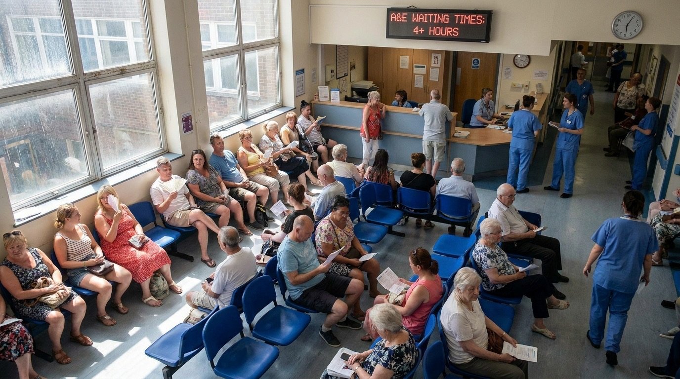 A busy NHS accident and emergency waiting area on a hot summer day