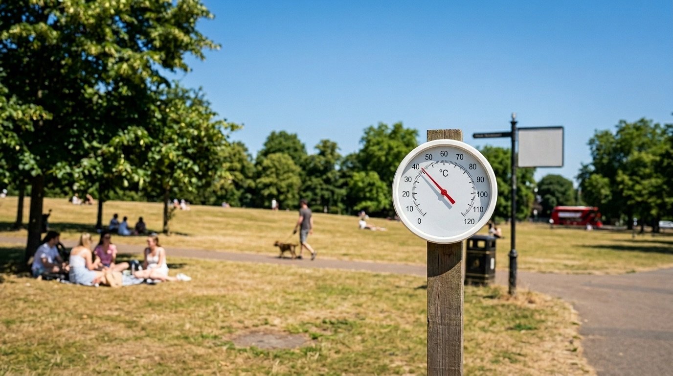 A thermometer reading high temperatures against a cloudless blue sky over a sun-baked British park