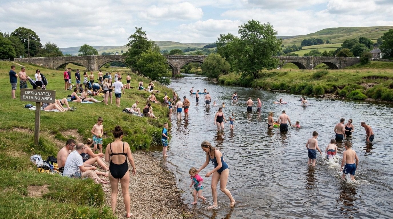 Swimmers and bathers enjoying a designated bathing spot on a British river on a summer day
