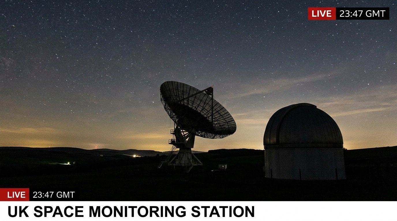 A radar dish and telescope dome silhouetted against a night sky full of stars in the UK
