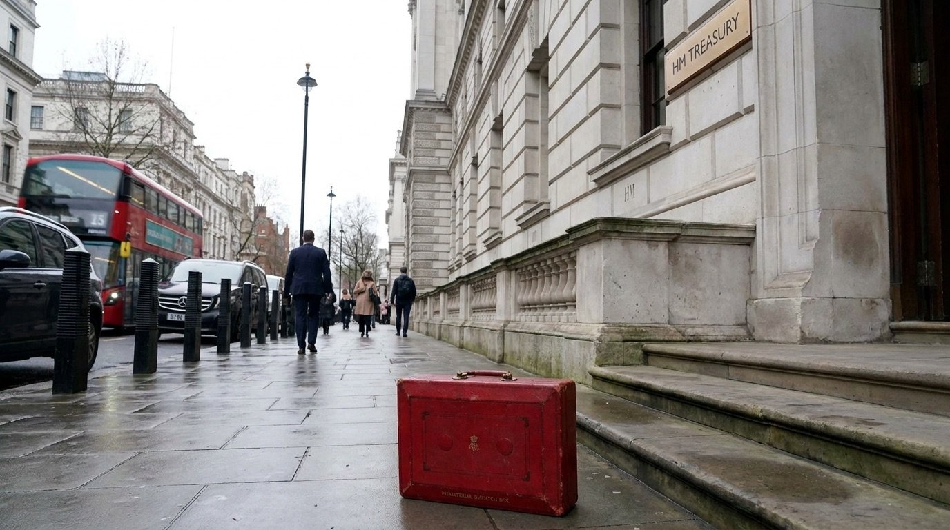 The exterior of HM Treasury in Whitehall with a red ministerial box motif