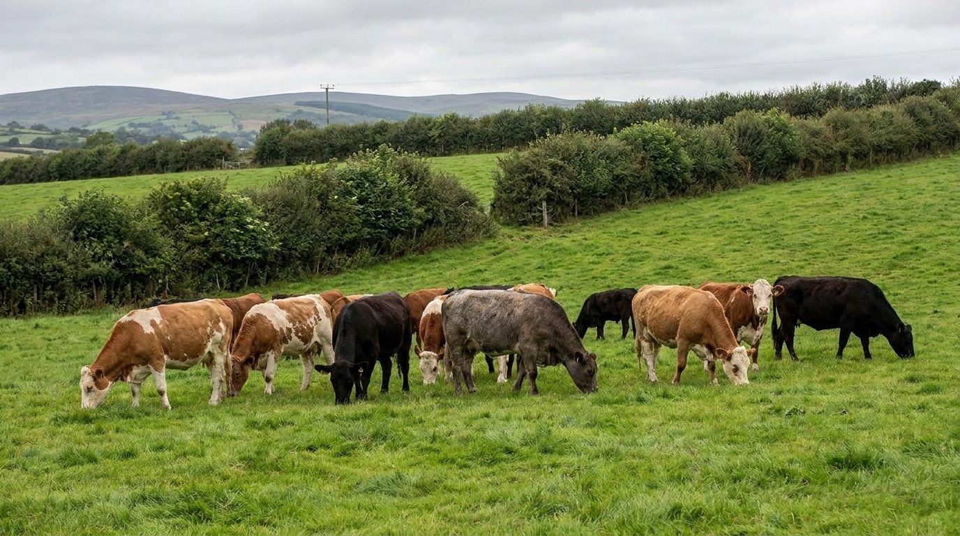 Cattle grazing in a green field in the Northern Ireland countryside with hedgerows behind