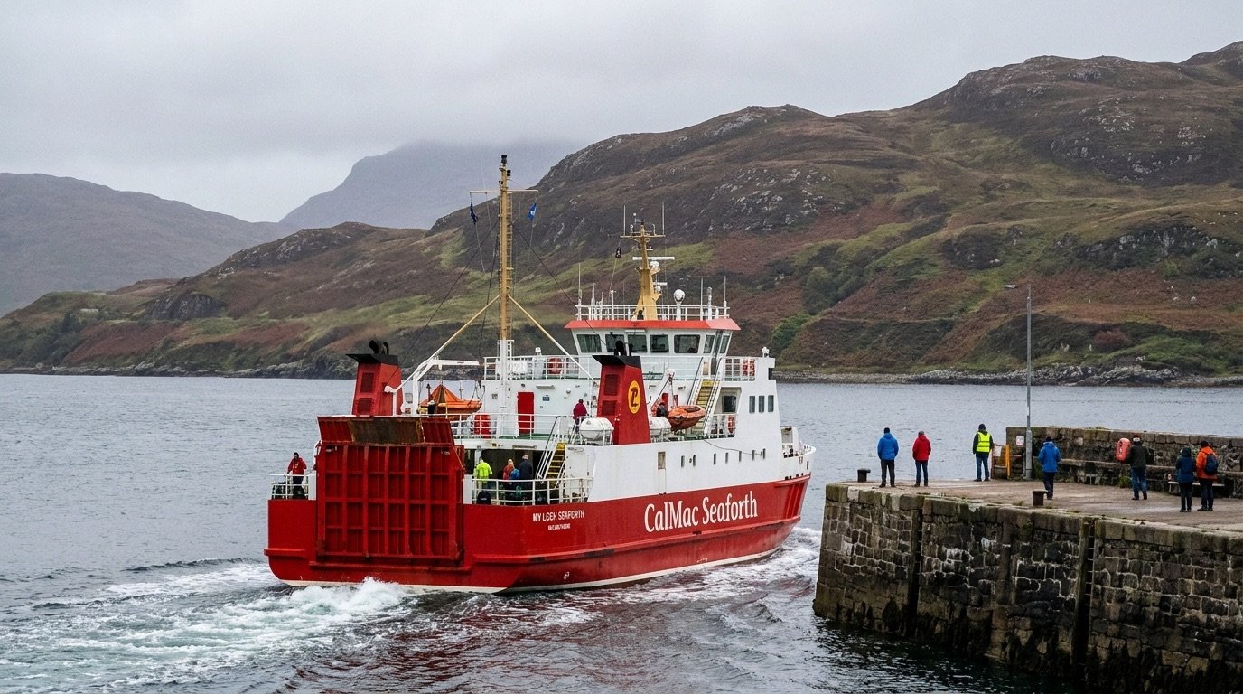 A CalMac ferry approaching a pier on the west coast of Scotland with hills behind