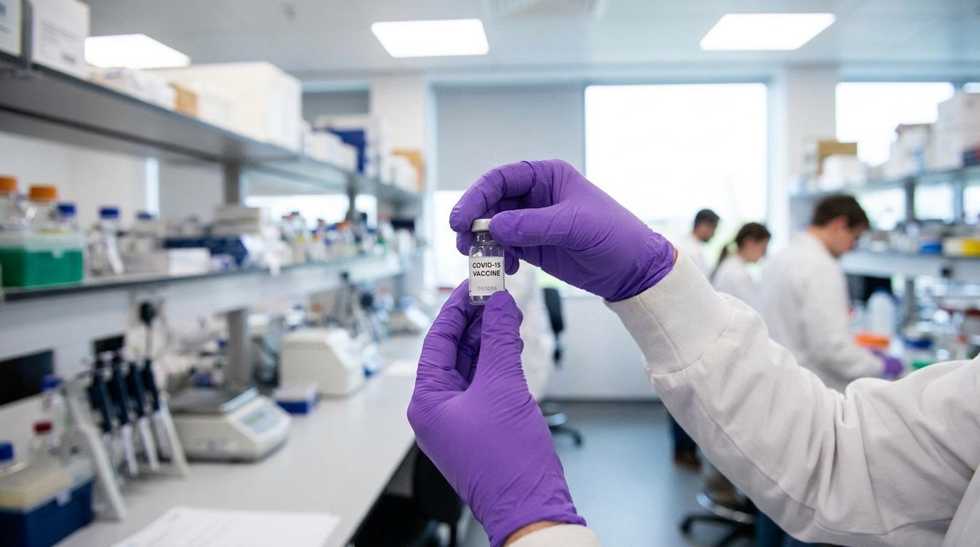 A gloved researcher holding a small vaccine vial in a brightly lit UK university laboratory
