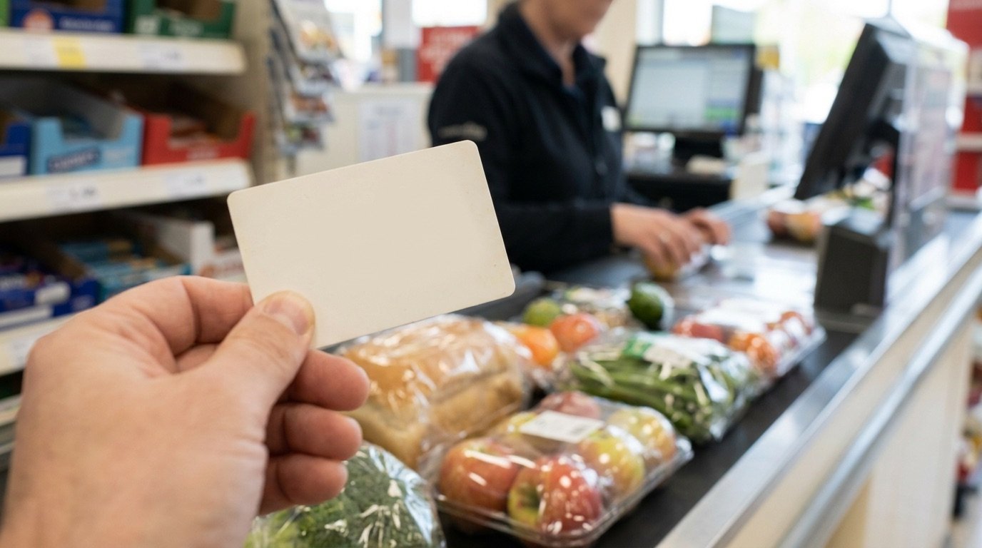 Hand holding a loyalty card in front of a supermarket checkout with groceries on the belt