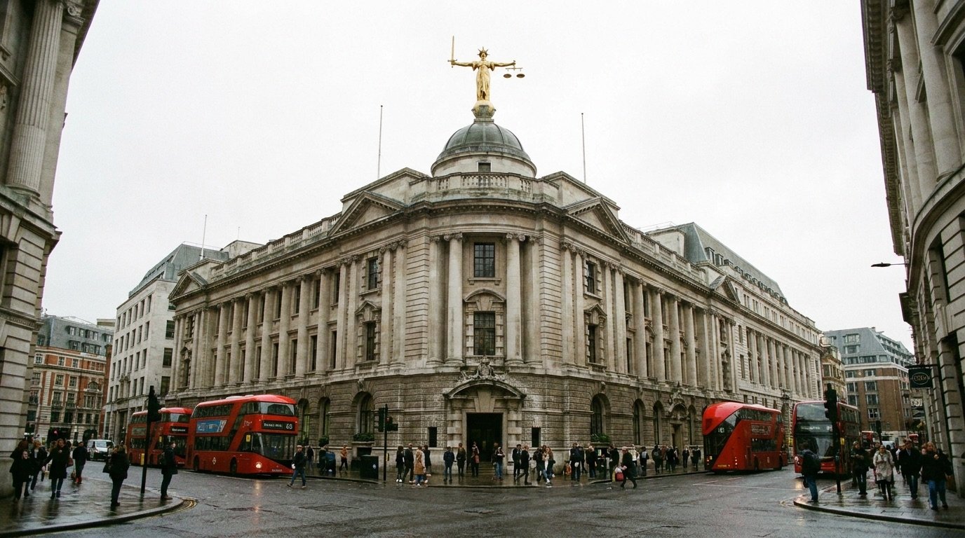 The Old Bailey central criminal court building in London with the gilded statue of Lady Justice above