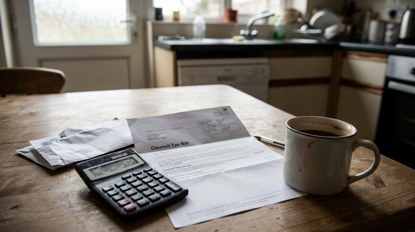 A council tax bill letter on a kitchen table beside a calculator and a cup of tea