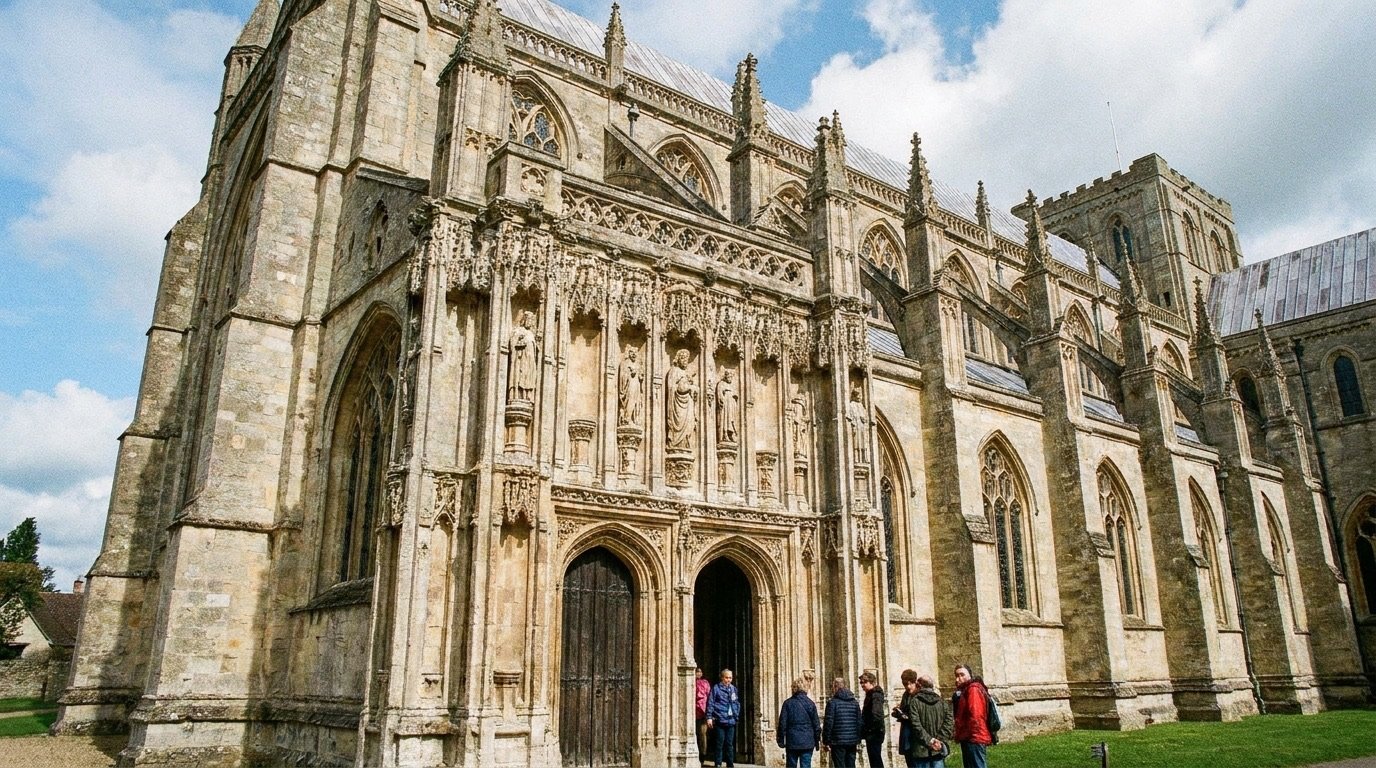 An ornate medieval Gothic monastery with intricate stone carving under a clear sky