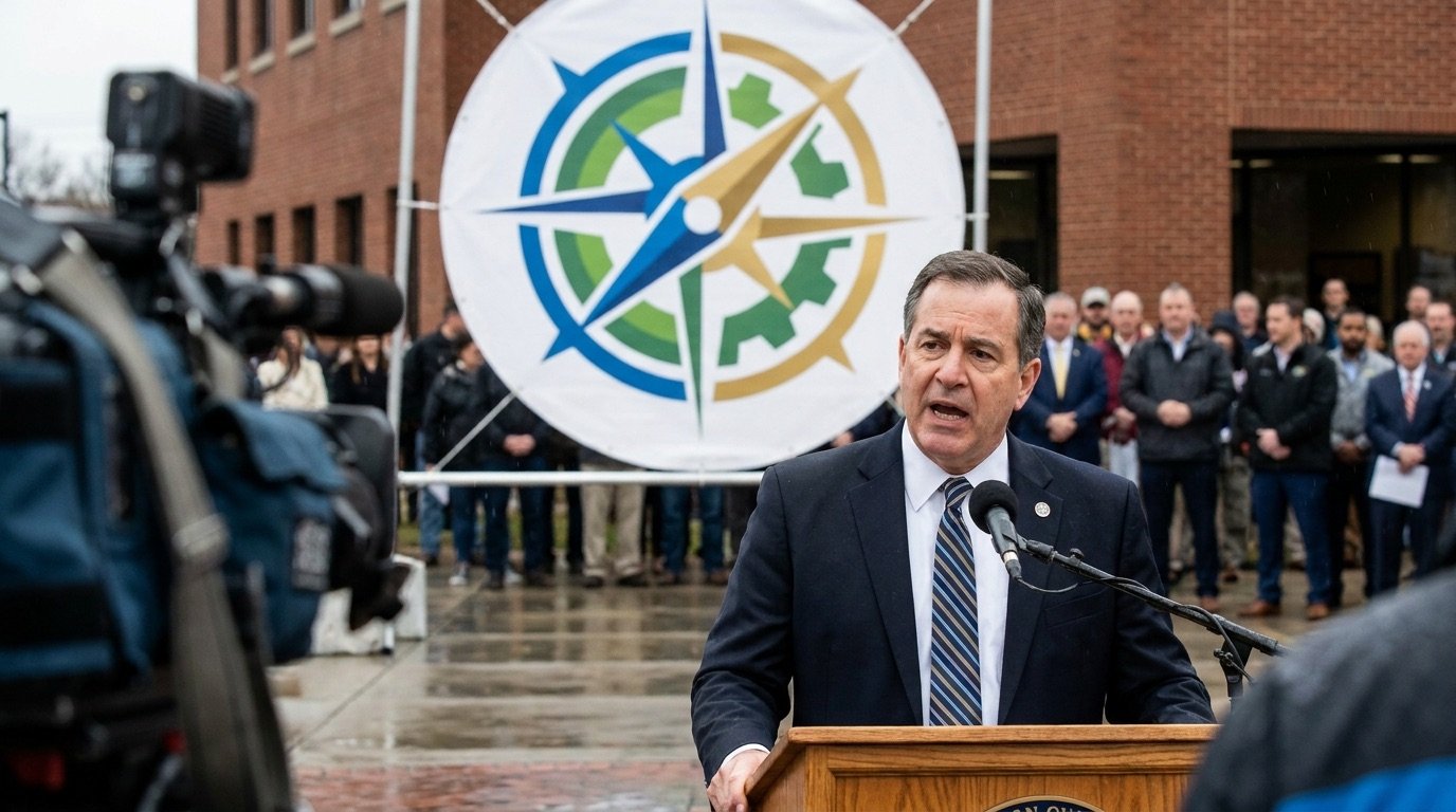 A regional metro mayor speaking at a podium with a combined authority logo behind