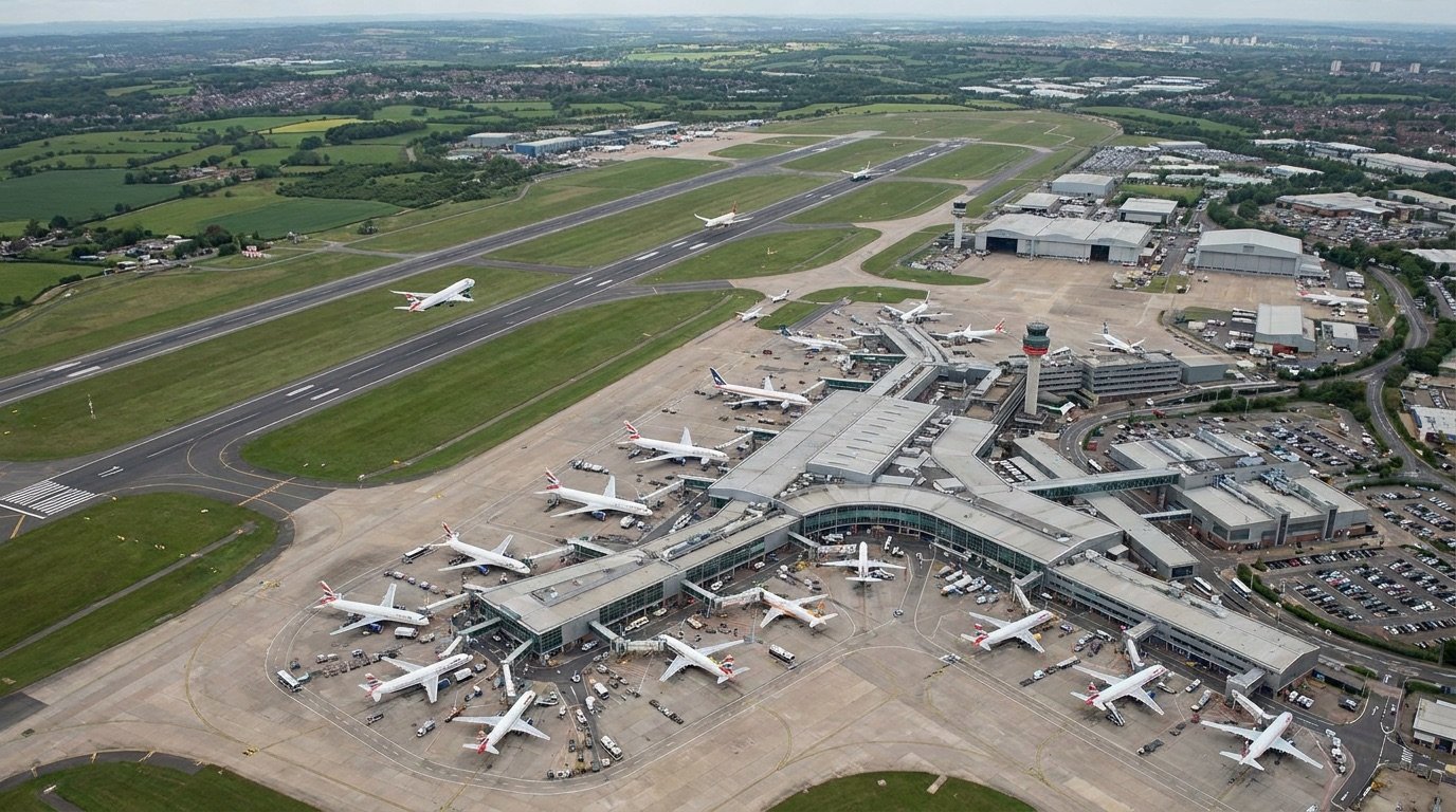 Aerial view of a busy UK airport with two parallel runways and aircraft at terminal gates