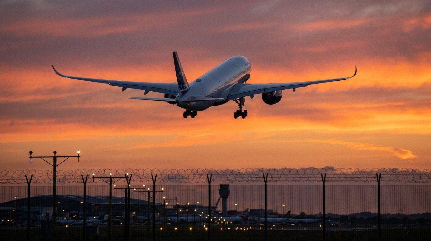 Passenger jet taking off over the perimeter of a major UK airport at dusk