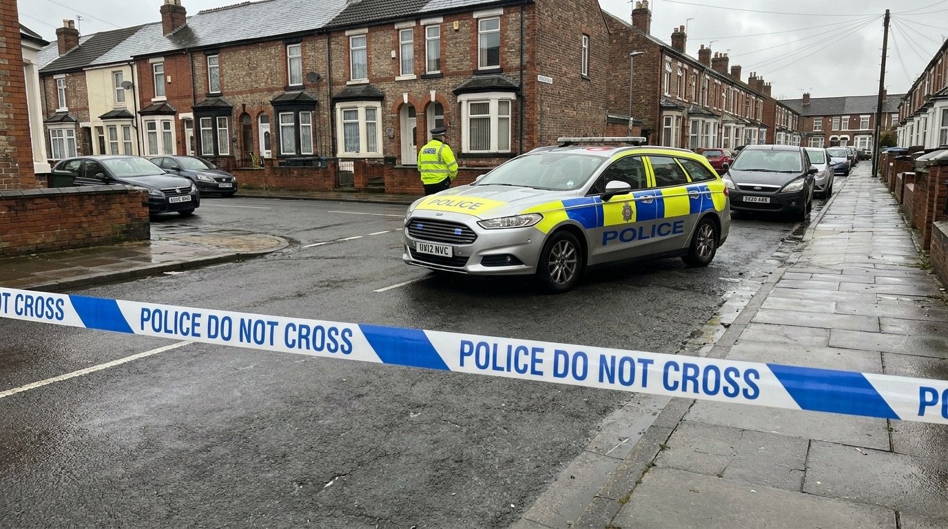 A police cordon of blue and white tape across a residential street with a patrol car in the background