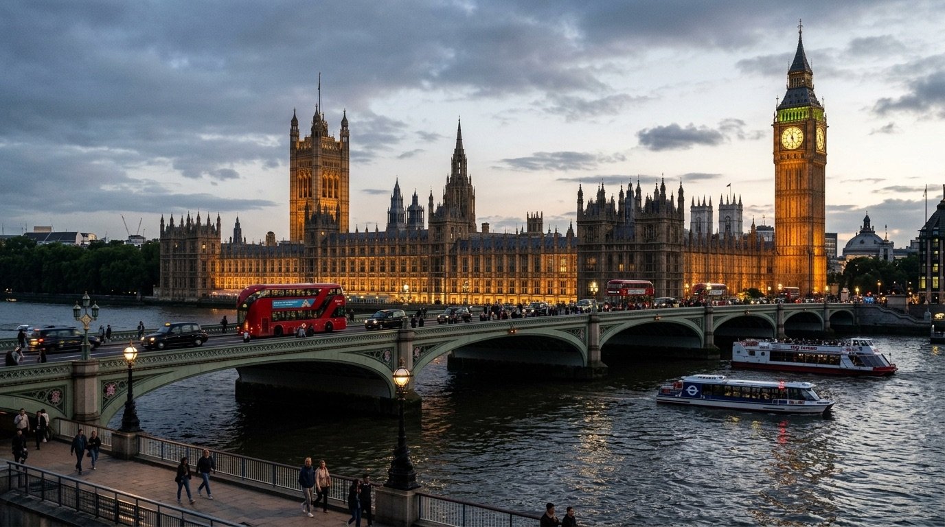 The Houses of Parliament viewed from across the River Thames