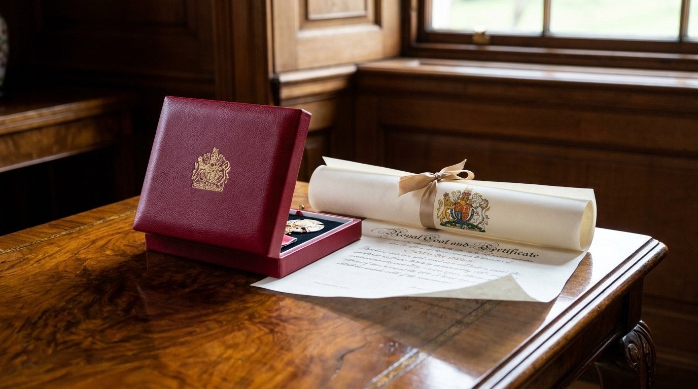 A red leather honours box and certificate resting on a polished table
