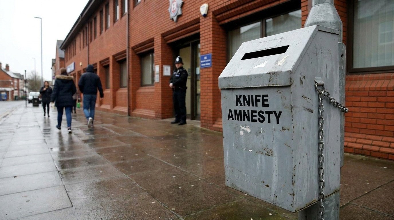A knife surrender bin outside a police station for the safe disposal of bladed weapons