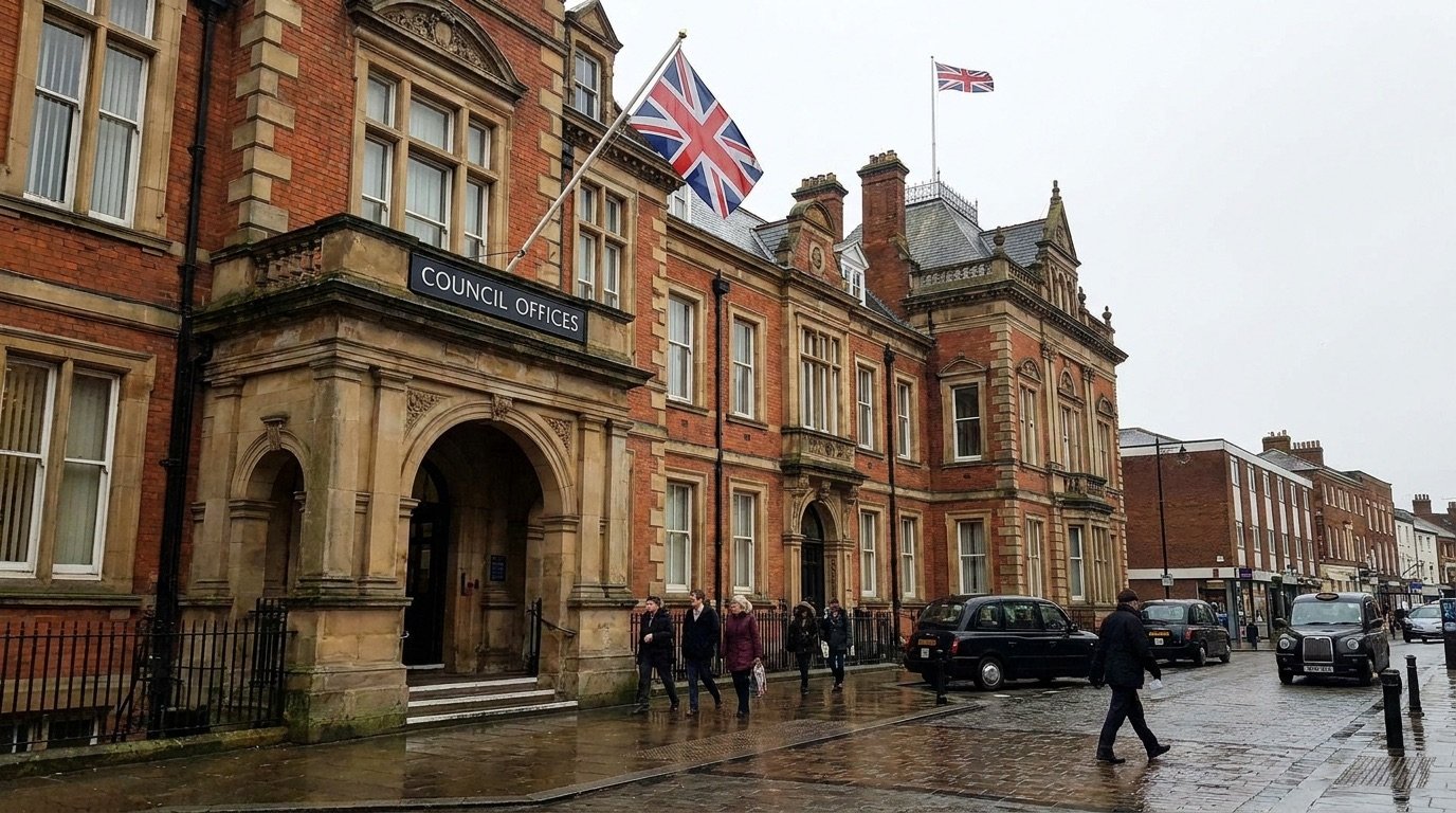 A county council civic building with the Union Jack flying and a sign reading council offices