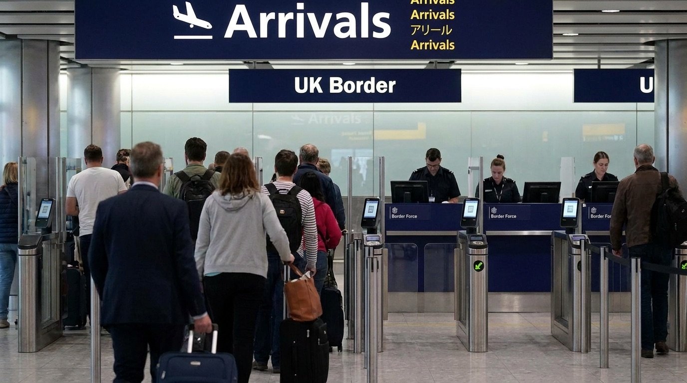 Passengers passing through the UK Border arrivals hall at a major airport