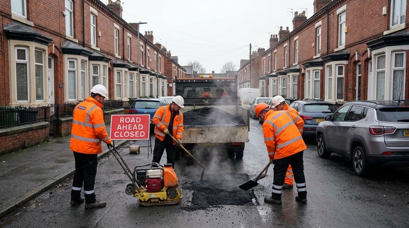 Road repair crew filling a large pothole on a residential street in England