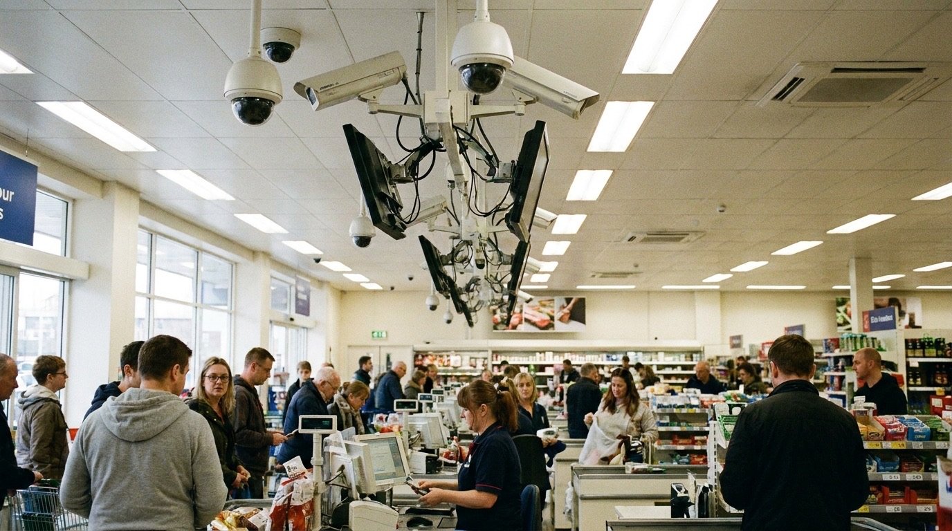 A supermarket checkout aisle with security cameras visible above the tills